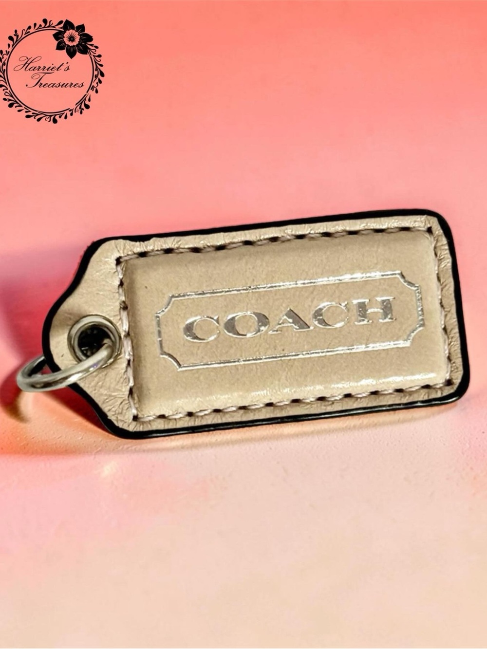 Coach Rose Gold Leather Key Tag with Silver Logo